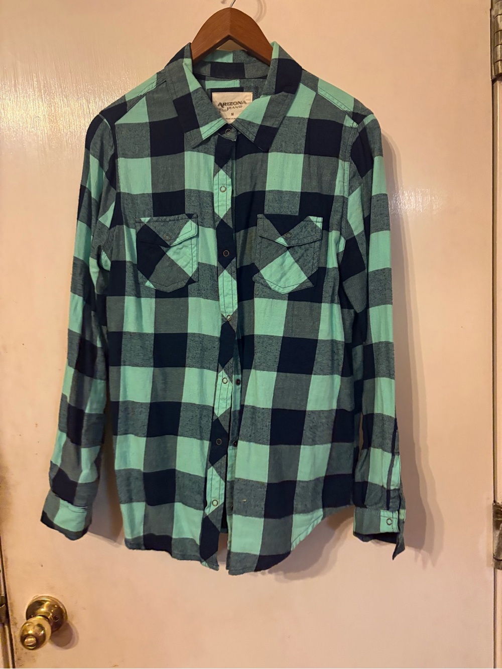 Woman’s Arizona Jean Company Mint Green & Navy Plaid Button-Down Shirt long slev